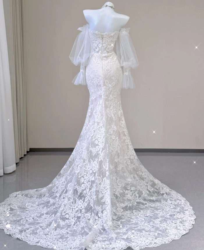 Elegante Meerjungfrau Weg Von Der Schulter Tüll Brautkleider Spitze Bräute Kleid P0004