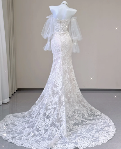 Elegante Meerjungfrau Weg Von Der Schulter Tüll Brautkleider Spitze Bräute Kleid P0004