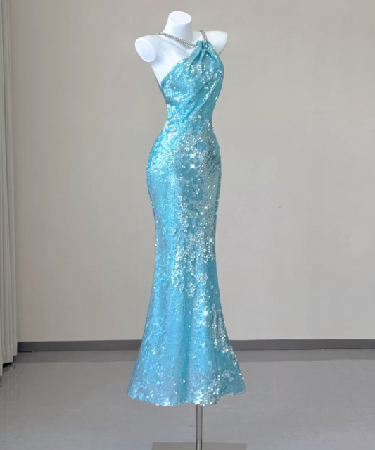 Edle Meerjungfrau Spaghettiträger Blau Pailletten Abendkleid Lange Ballkleider P0005