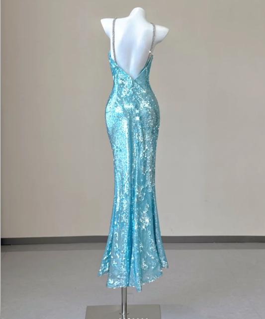 Edle Meerjungfrau Spaghettiträger Blau Pailletten Abendkleid Lange Ballkleider P0005