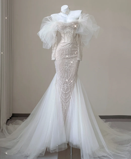 Elegante Meerjungfrau Weg Von Der Schulter Pailletten Lange Ärmel Brautkleider Bräute Kleid P0008