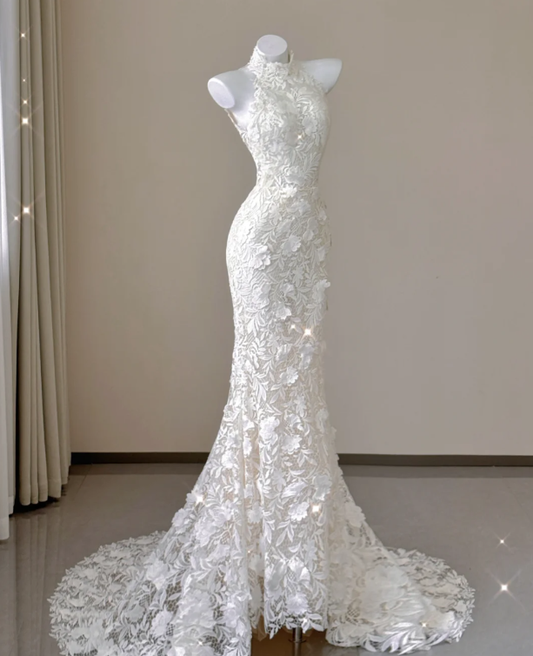 Elegante Meerjungfrau Hoher Ausschnitt Weiß Spitze Ärmellose Brautkleider Braut Kleid P0012