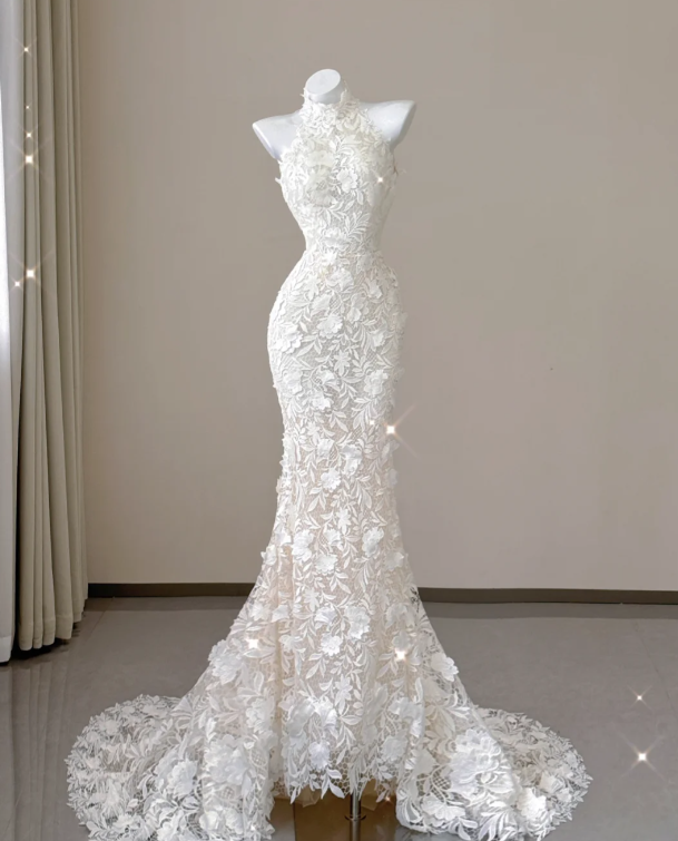 Elegante Meerjungfrau Hoher Ausschnitt Weiß Spitze Ärmellose Brautkleider Braut Kleid P0012