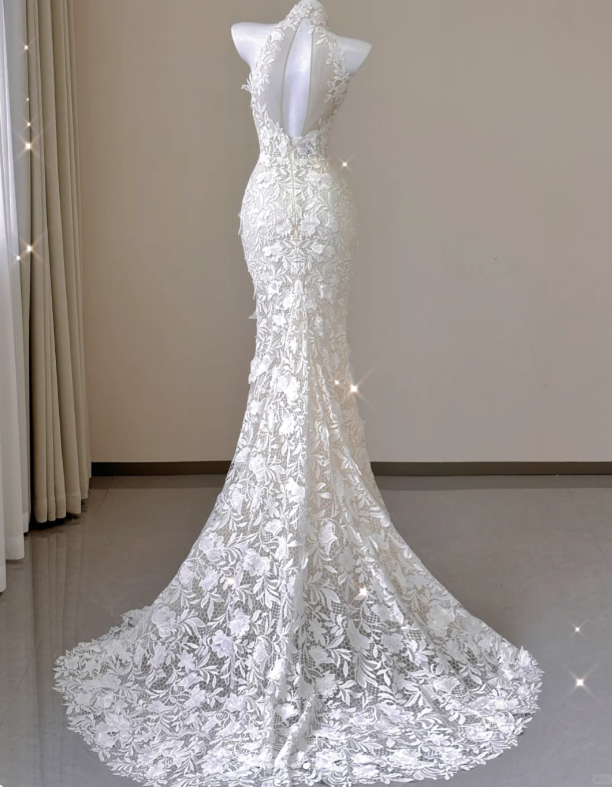 Elegante Meerjungfrau Hoher Ausschnitt Weiß Spitze Ärmellose Brautkleider Braut Kleid P0012