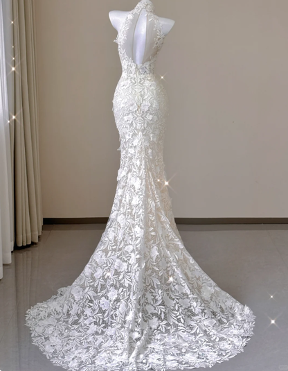 Elegante Meerjungfrau Hoher Ausschnitt Weiß Spitze Ärmellose Brautkleider Braut Kleid P0012