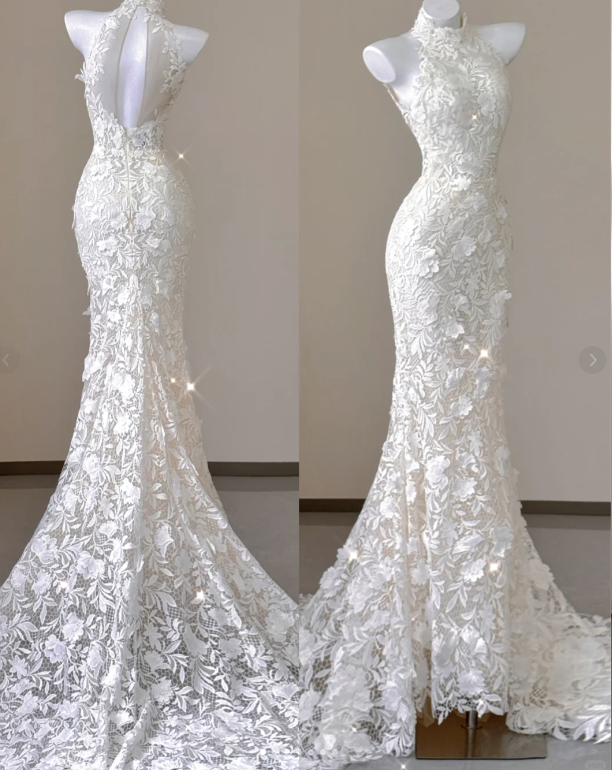 Elegante Meerjungfrau Hoher Ausschnitt Weiß Spitze Ärmellose Brautkleider Braut Kleid P0012