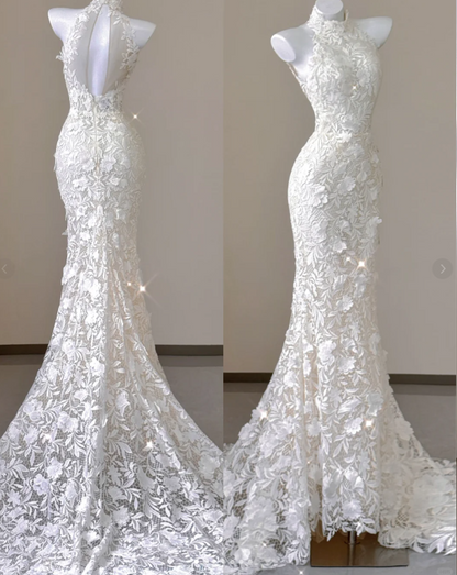 Elegante Meerjungfrau Hoher Ausschnitt Weiß Spitze Ärmellose Brautkleider Braut Kleid P0012