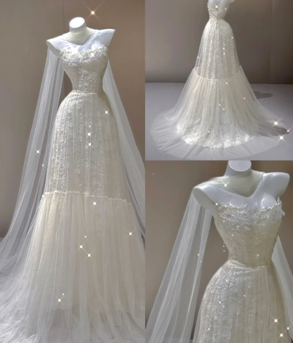 Elegant A Line Strapless White Lace Sleeveless Long Wedding Dresses Brides Dress P0014
