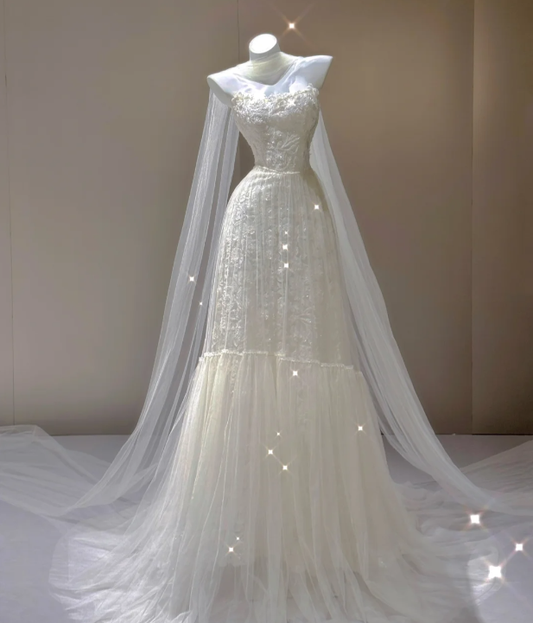 Elegante A-Linie Trägerloses Weißes Spitzen Ärmelloses Langes Brautkleid Brautkleid P0014