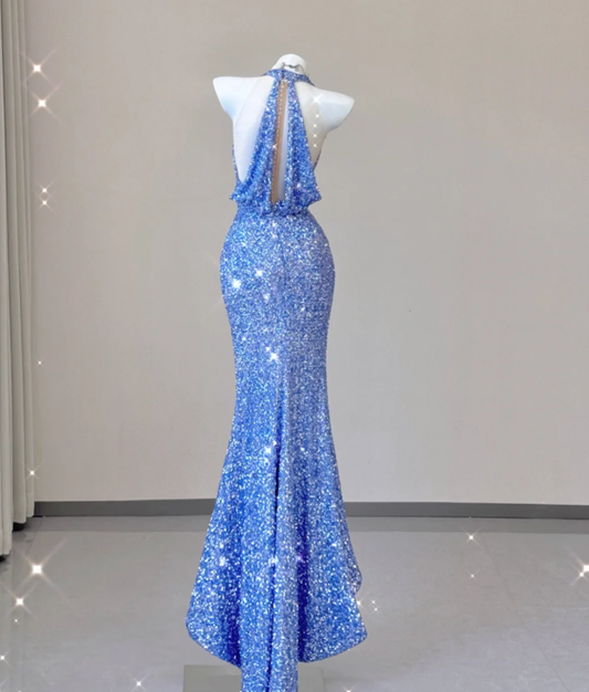 Edle Meerjungfrau Neckholder V-Ausschnitt Blau Pailletten Abendkleid Lange Ballkleider P0016