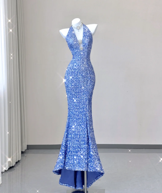 Edle Meerjungfrau Neckholder V-Ausschnitt Blau Pailletten Abendkleid Lange Ballkleider P0016
