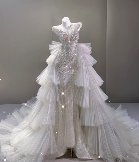 Elegante Meerjungfrau U-Ausschnitt Pailletten Brautkleider Lange Bräute Kleid P0017