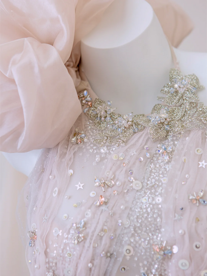 Classy Ball Gown One Shoulder Pink Sequin Evening Dress Long Prom Dresses P0020