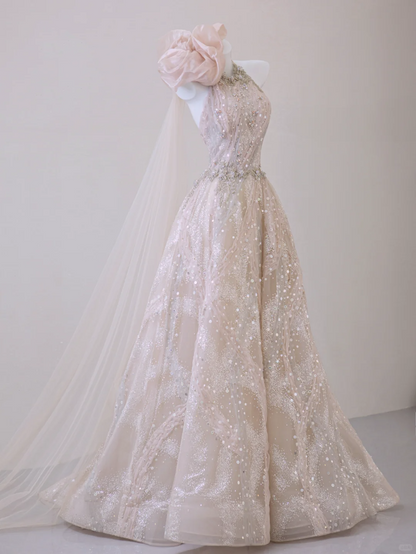 Classy Ball Gown One Shoulder Pink Sequin Evening Dress Long Prom Dresses P0020