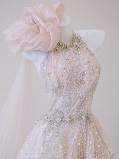 Classy Ball Gown One Shoulder Pink Sequin Evening Dress Long Prom Dresses P0020