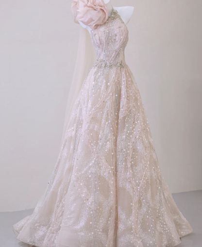 Classy Ball Gown One Shoulder Pink Sequin Evening Dress Long Prom Dresses P0020