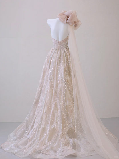 Classy Ball Gown One Shoulder Pink Sequin Evening Dress Long Prom Dresses P0020