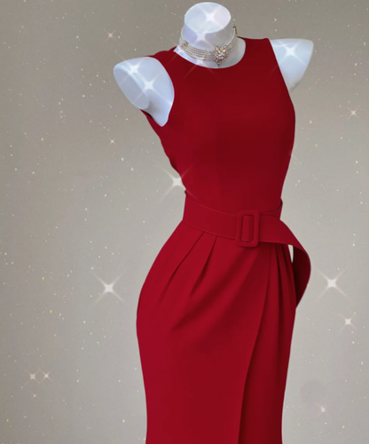 Classy Mermaid Jewel Red Satin Slit Evening Dress Long Prom Dresses P0021