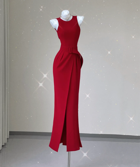 Edles Meerjungfrau Juwel Rot Satin Schlitz Abendkleid Lange Ballkleider P0021