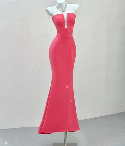 Elegantes Meerjungfrau-Abendkleid aus trägerlosem rosa Satin, langes Ballkleid P0022