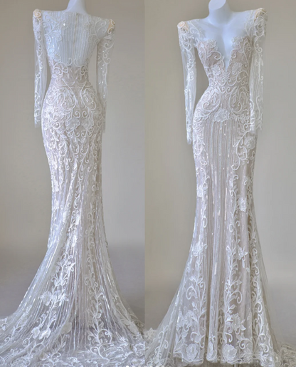 Unique Mermaid V Neckline White Lace Long Sleeves Wedding Dresses Brides Dress P0023