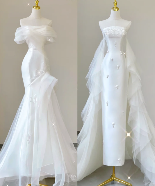 Einzigartige Meerjungfrau Off The Shoulder Weiß Tüll Sweep Zug Brautkleider Brautkleider P0029