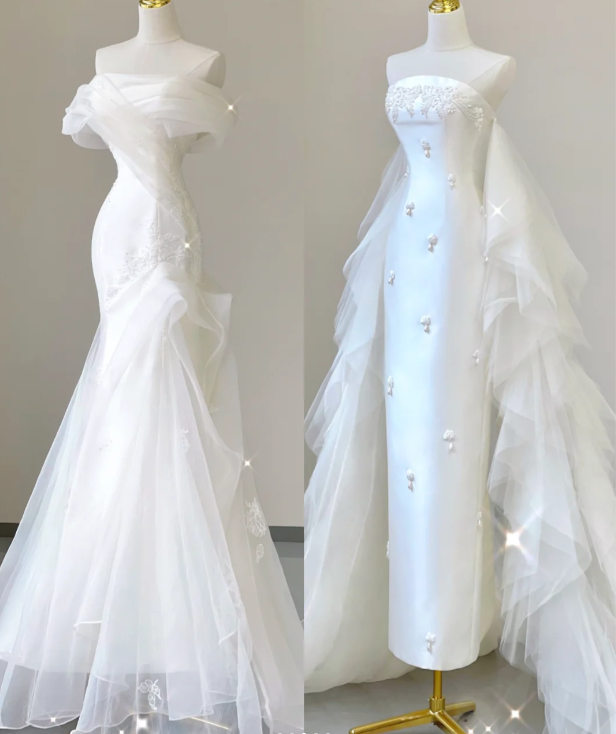 Einzigartige Meerjungfrau Off The Shoulder Weiß Tüll Sweep Zug Brautkleider Brautkleider P0029