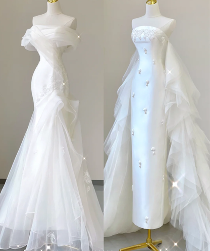 Einzigartige Meerjungfrau Off The Shoulder Weiß Tüll Sweep Zug Brautkleider Brautkleider P0029
