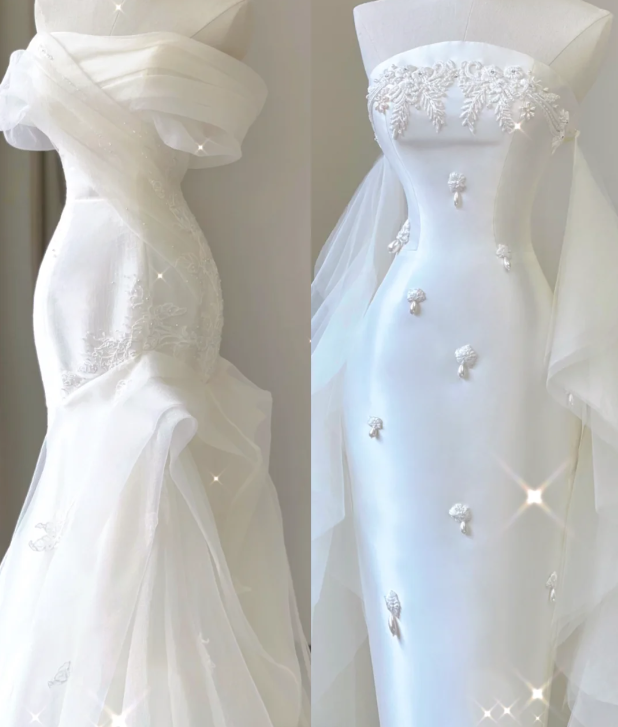 Einzigartige Meerjungfrau Off The Shoulder Weiß Tüll Sweep Zug Brautkleider Brautkleider P0029