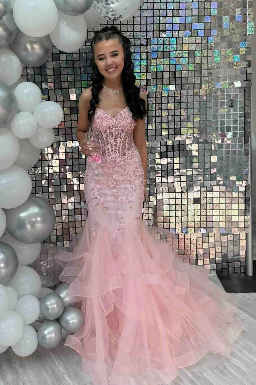 Elegantes Meerjungfrau-Kleid mit herzförmigem Ausschnitt und Spitze, rosa, lang, für den Geburtstag, Abschlussball, Baddie, Sommer-Outfit zum 20. Geburtstag, DP1131