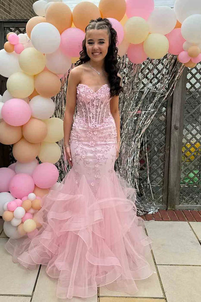 Elegantes Meerjungfrau-Kleid mit herzförmigem Ausschnitt und Spitze, rosa, lang, für den Geburtstag, Abschlussball, Baddie, Sommer-Outfit zum 20. Geburtstag, DP1131