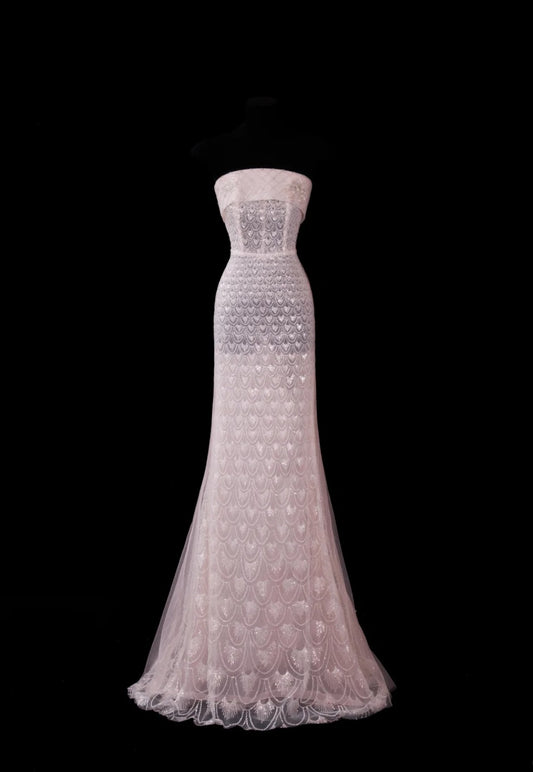 Fairy Pink  Prom Dress Tulle Strapless Sheath Evening Dress S1050