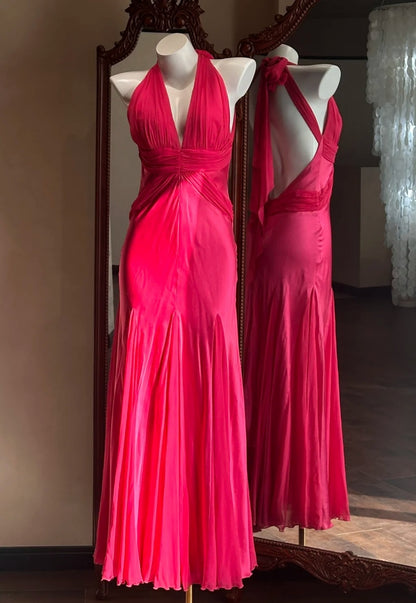 Robe de bal rose fuchsia féérique en mousseline, col V, coupe fourreau, référence S1052