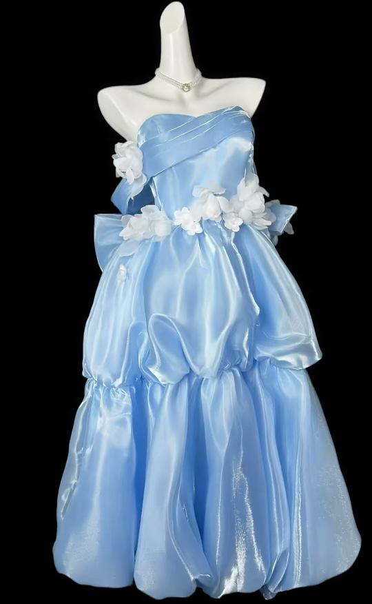Robe de bal bleu féerique Saitn sans bretelles, robe de soirée trapèze S1053