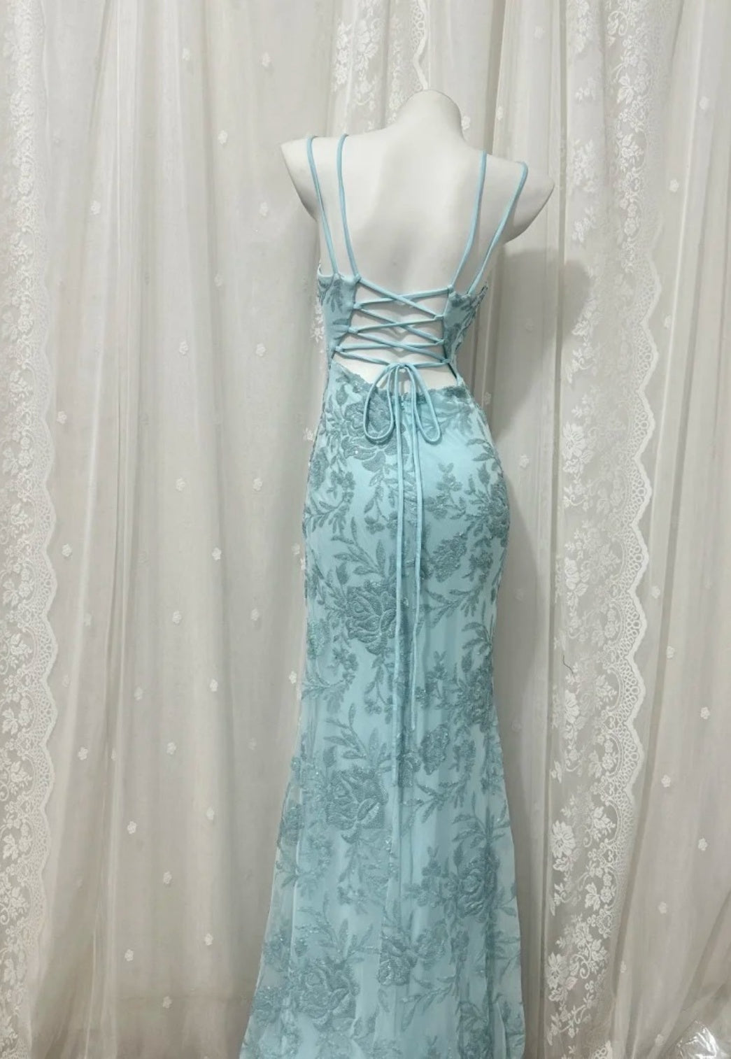 Fairy Blue Prom Dress Sequins Spaghetti Straps  Sheath Evening Dress S1054