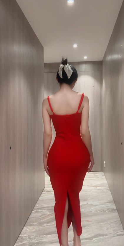 Elegant Red Prom Dress Satin Spaghetti Straps  Sheath Evening Dress S1055