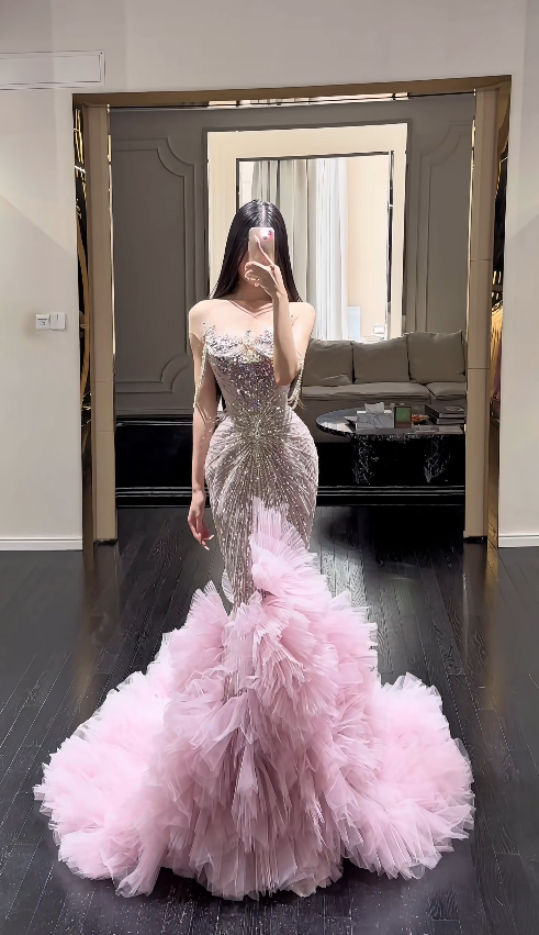 Elegant Pink Prom Dress Tulle Spaghetti Straps Mermaid Evening Dress S1057
