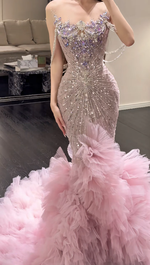Elegant Pink Prom Dress Tulle Spaghetti Straps Mermaid Evening Dress S1057