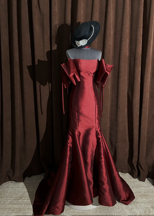 Elegant Red Prom Dress Satin Strapless  A-Line Evening Dress S1059