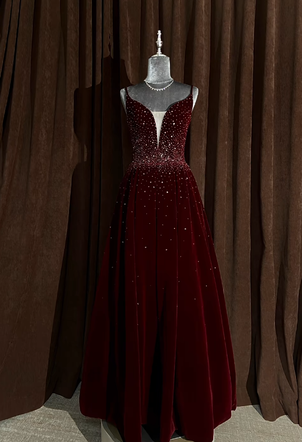 Elegant Red Prom Dress Velvet Spaghetti Straps A-Line Evening Dress S1061
