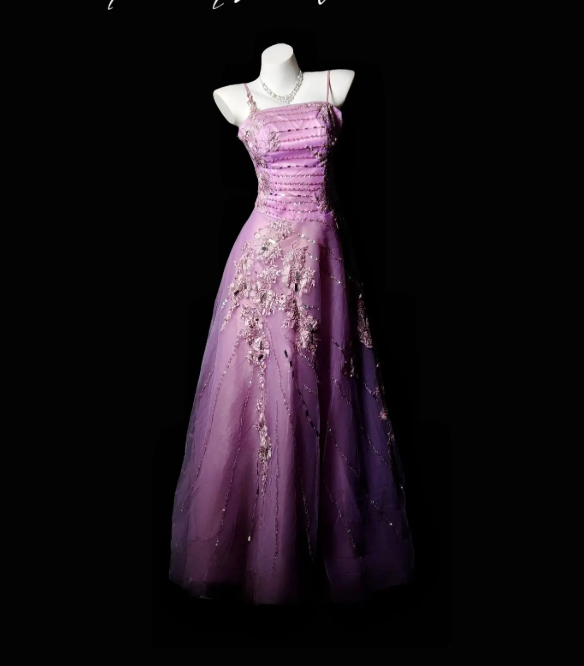 Elegant Purple Prom Dress Tulle Spaghetti Straps A-Line Evening Dress S1068