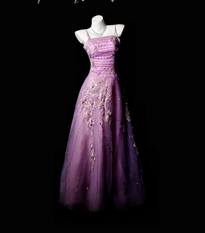 Elegant Purple Prom Dress Tulle Spaghetti Straps A-Line Evening Dress S1068