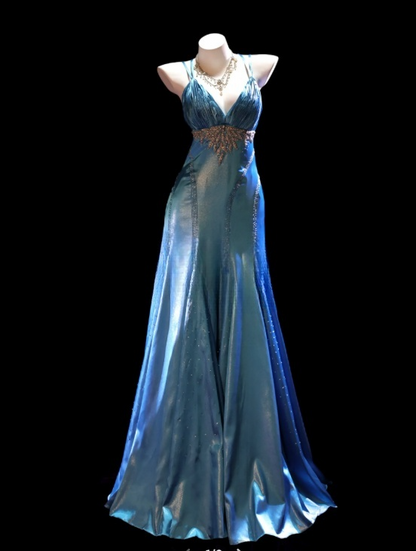 Elegantes blaues Satin-Abendkleid mit Neckholder, Modell S1070