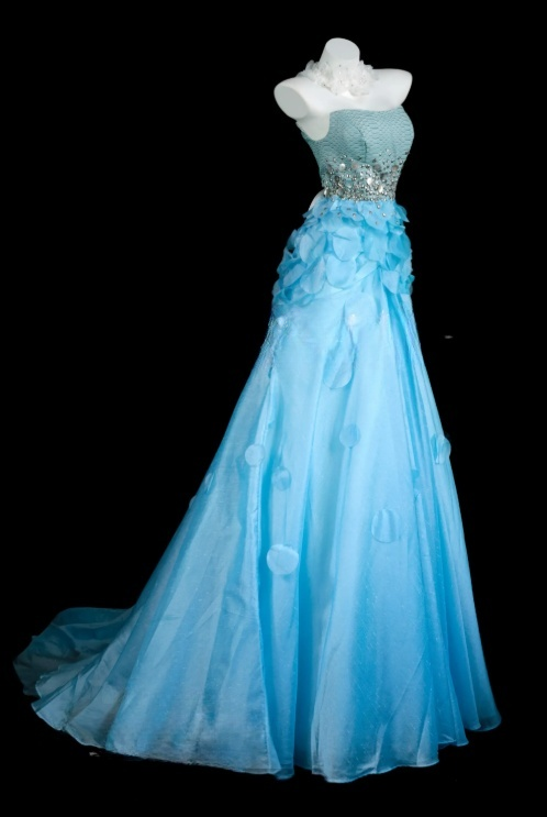 Elegantes blaues Tüll-Abendkleid, trägerlos, A-Linie, S1071