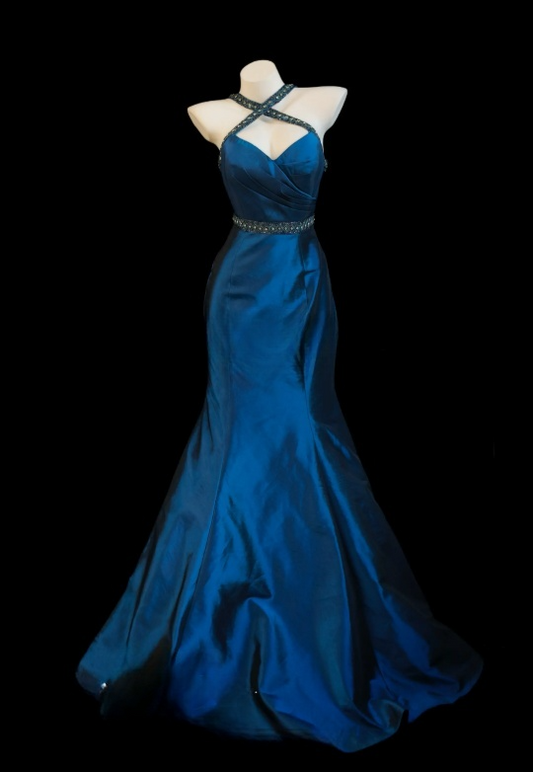 Elegantes blaues Ballkleid aus Satin mit Neckholder im Meerjungfrauenstil S1073