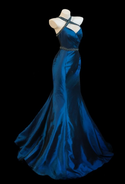 Chic Blue Prom Dress Satin Halter Mermaid Evening Dress S1073