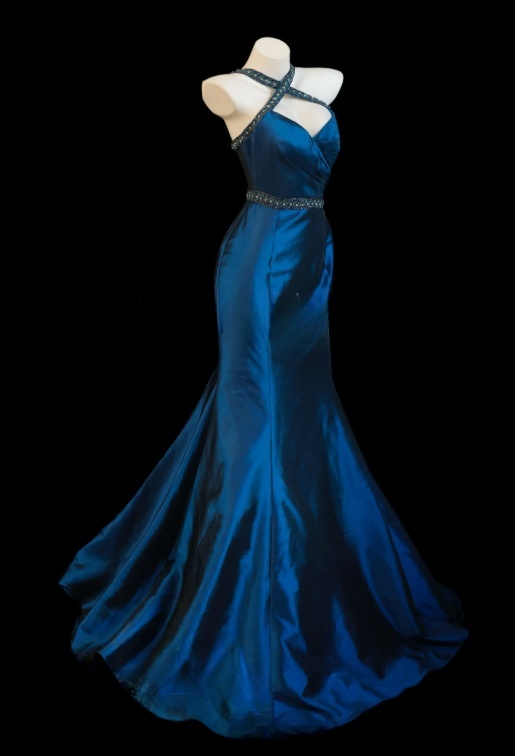 Elegantes blaues Ballkleid aus Satin mit Neckholder im Meerjungfrauenstil S1073