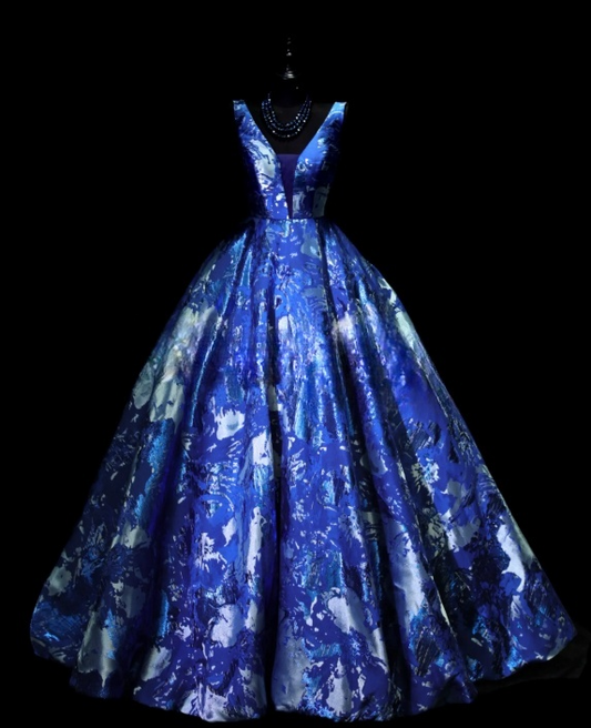 Elegantes blaues Ballkleid aus Satin, V-Ausschnitt, A-Linie, Abendkleid S1074