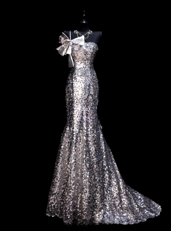 Chic Silver Prom Dress Sequins Strapless Mermaid Evening Dress S1078