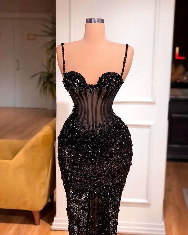 Robe de bal longue style sirène vintage à bretelles, perles et paillettes noires, tenue de soirée, de remise de diplôme, d'anniversaire, DP2532